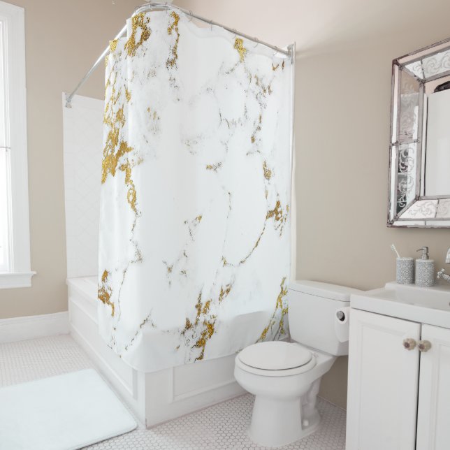 Rideaux De Douche Marbre Blanc Or Gris Carrara Abstrait Luxe VIP (En situation)