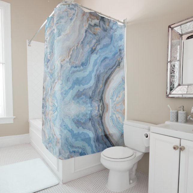 Rideaux De Douche Marbre Bleu avec Noir Or Joli Décor (En situation)