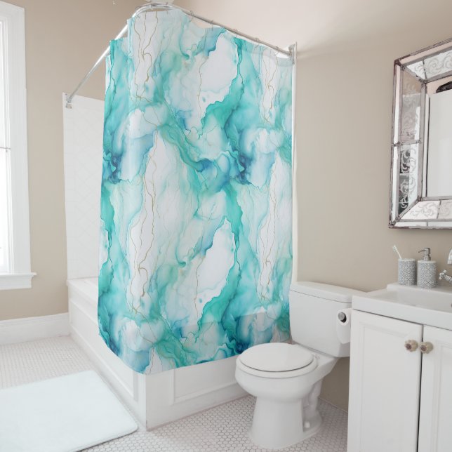 Rideaux De Douche Marbre d'encre Mint Aqua (En situation)