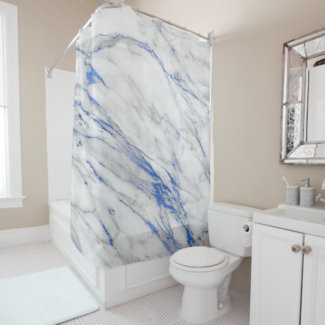 Rideaux De Douche Marbre gris Carrara Blanc Bleu Marine Abstrait (En situation)