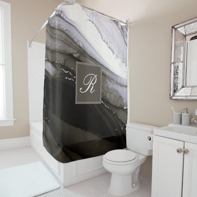 Rideaux De Douche Marbre gris noir en argent joli Monogramme de char (En situation)