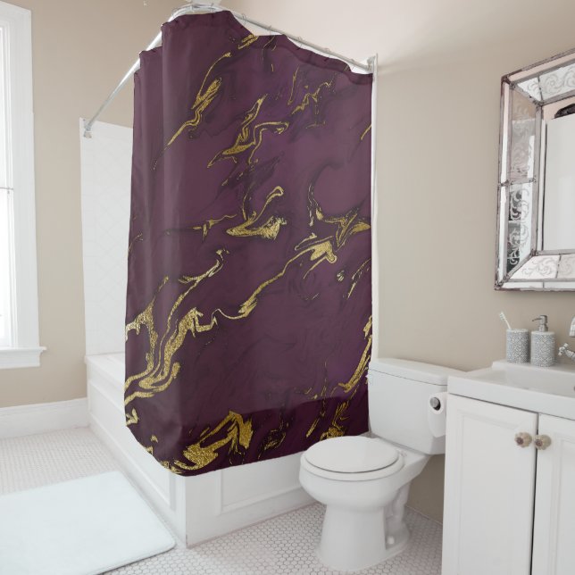 Rideaux De Douche Marbre moderne profond violet et doré (En situation)