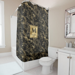 Rideaux De Douche Marbre noir et or Monogramme Élégant Luxe