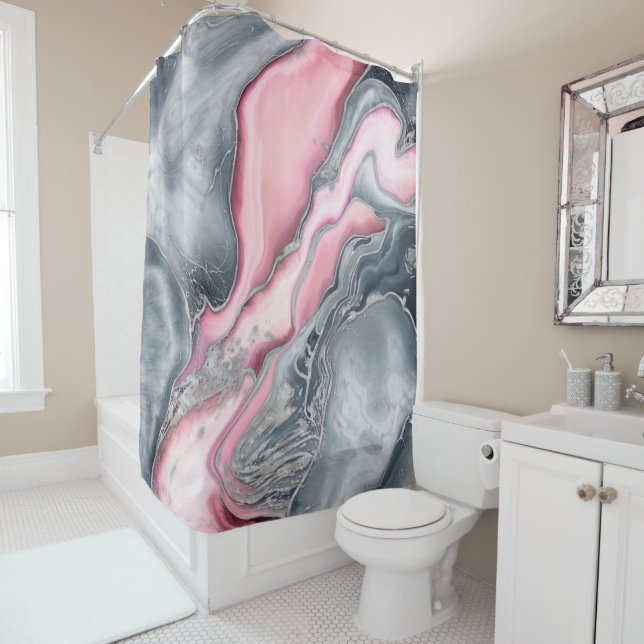 Rideaux De Douche Marbre rose noir - rose pastel, gris et argent (En situation)