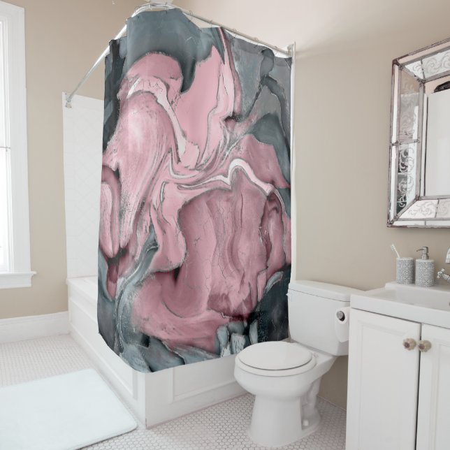 Rideaux De Douche Marbre rose noir - rose pastel, gris et argent (En situation)