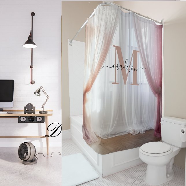 Rideaux De Douche Mariage de script de fond de Monogramme noir rose  (Créateur téléchargé)