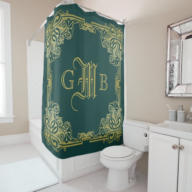 Rideaux De Douche Mariage Monogramme Classic Gold Frame Dark Green (En situation)
