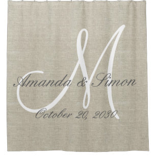 Rideaux De Douche Mariage Rustic Linen Look et White Monogramme