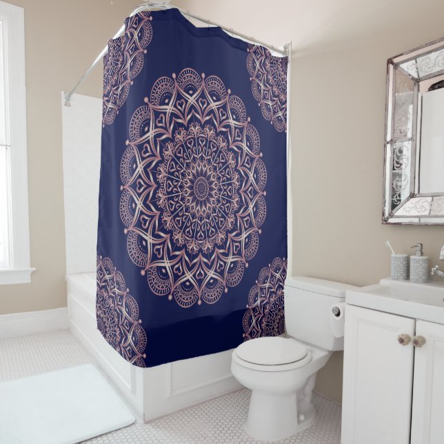 Rideaux De Douche Marine bleu et Rose or Mandala Boho (En situation)