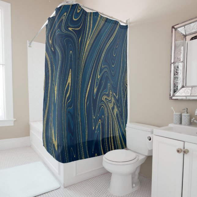 Rideaux De Douche Marine Bleu & Or Moderne Marbre Glam Élégant Chic (En situation)