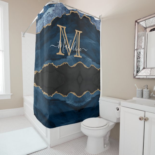 Rideaux De Douche Marine Blue Gold Agate Monogramme Nom Script Initi (En situation)