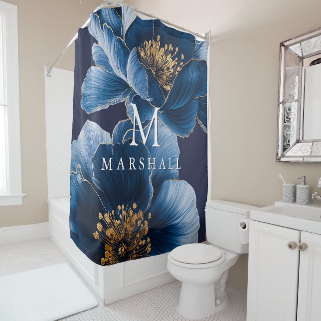 Rideaux De Douche Marine Blue Gold Moderne Floral Monogramme Nom de  (En situation)