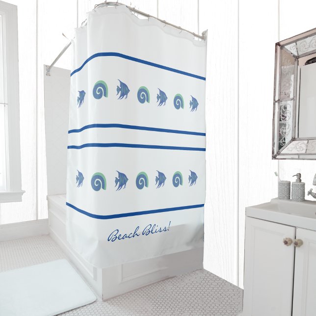 Rideaux De Douche Marine Blue White Strips Fish Beach House (Créateur téléchargé)