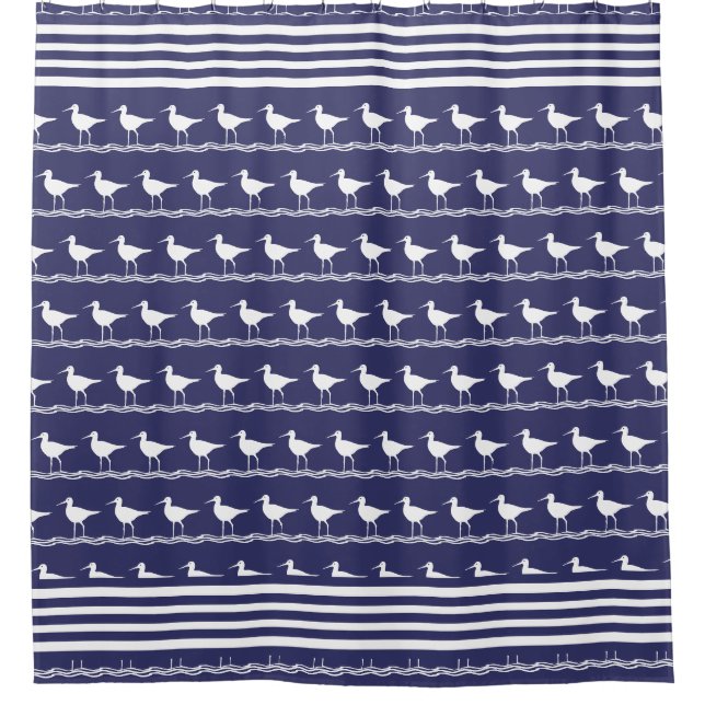Rideaux De Douche Marine côtière moderne Nautique Bleu Bécasseau (Devant)