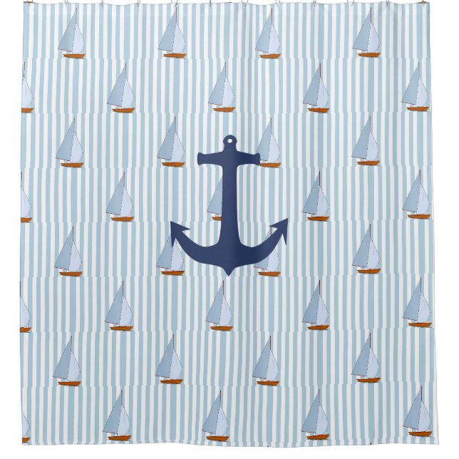 Rideaux De Douche Marine Nautique voilier Blancs et Bleus (Devant)