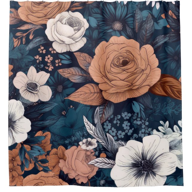Rideaux De Douche Marine & Taupe Boho Floral Print (Devant)