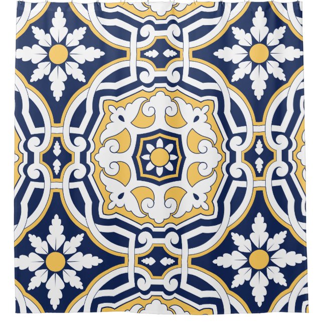 Rideaux De Douche Marocain bleu vif jaune complexe géométrique (Devant)