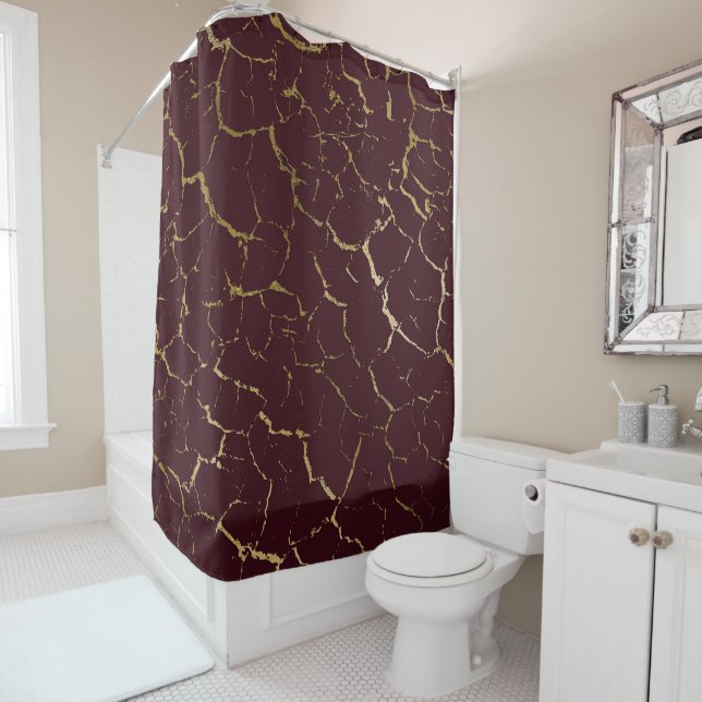 Rideaux De Douche Maroon Bordeaux Gold Luxe (En situation)