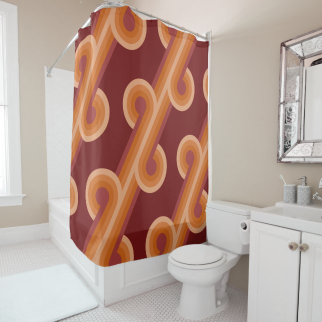 Rideaux De Douche Maroon foncé orange Cercles rétro rouge Motif d'ar (En situation)