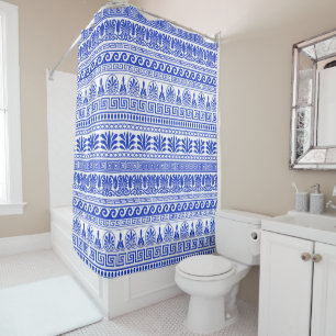 Rideaux De Douche Méandre Grec, Motif Méditerranéen, Bleu