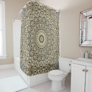 Rideaux De Douche Médaillon kaléidoscope de mandala beige et vert