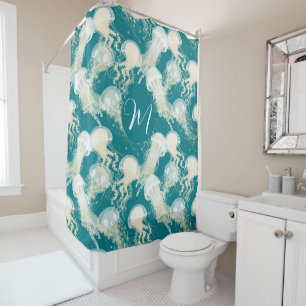 Rideaux De Douche Méduse En Bleu Océan Été Saison Monogramme