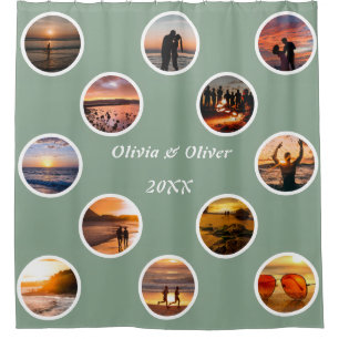 Rideaux De Douche Mémoire Photo Collage Polka Point Monogramme