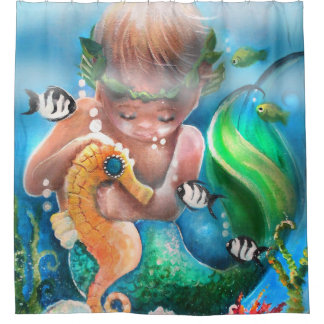 Rideaux De Douche Mermaid baby and seahorse shower curtain