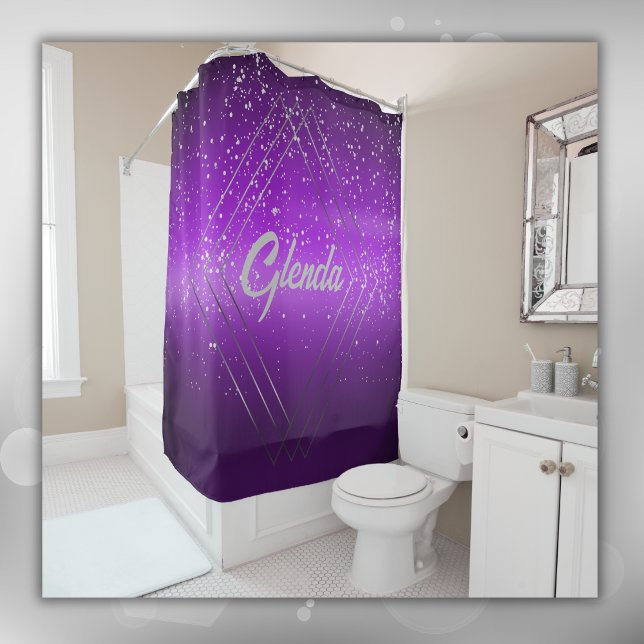 Rideaux De Douche Métal brossé violet moderne avec Monogramme argent (Créateur téléchargé)