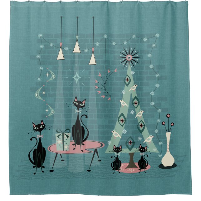 Rideaux De Douche Mi-siècle Famille de chats ©️ studioxine (Devant)