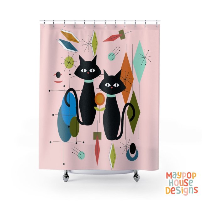 Rideaux De Douche Mi-Siècle Metro Chats Atomique Rose (atomic cat on pink shower curtain mid century modern bathroom decor)