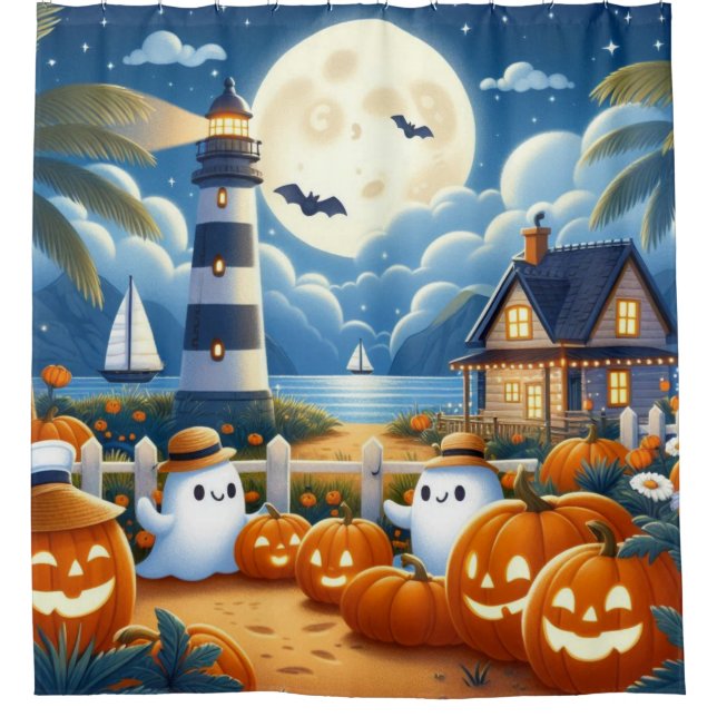 Rideaux De Douche Mignon, Nautique/côtier Halloween fantôme/citrouil (Devant)