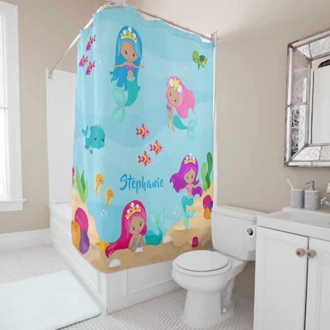 Rideaux De Douche Mignonne sirène fille personnalisée sous la mer (En situation)