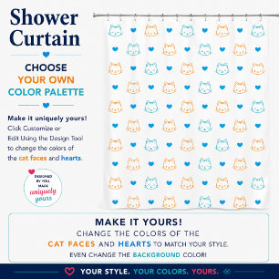 Rideaux De Douche Mignons visages de chat Kawaii et cœurs bleu orang