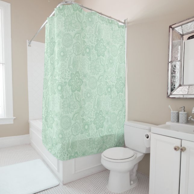 Rideaux De Douche Mint Green Stylisé Fleurs rétro Motif sans couture (En situation)