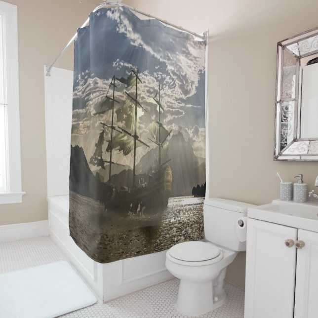 Rideaux De Douche Misty Grey & Blue Old Tattered or Pirate Ship Art (En situation)