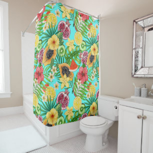 Rideaux De Douche Mix-fruit tropical, fleurs et feuilles en bleu