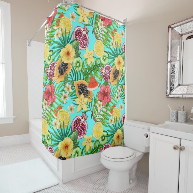 Rideaux De Douche Mix-fruit tropical, fleurs et feuilles en bleu (En situation)