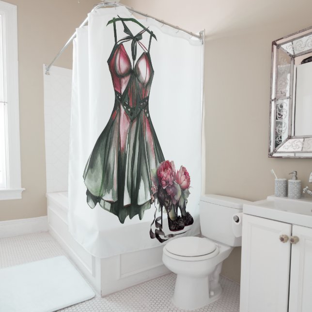 Rideaux De Douche Mode Goth | Robe verte et rose avec Stilettos (En situation)
