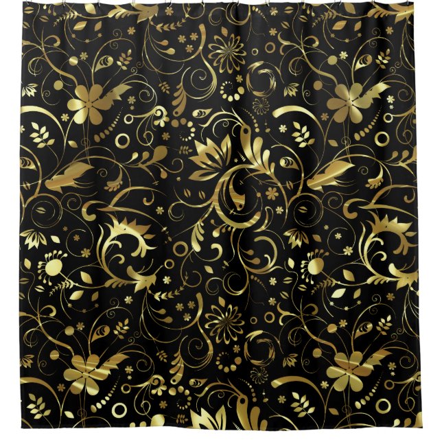 Rideaux De Douche Modèle Floral Arrière - plan Noir Et Or (Devant)