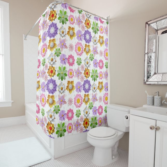 Rideaux De Douche Modèle floral coloré 3D moderne 03x4 Blanc BG (En situation)