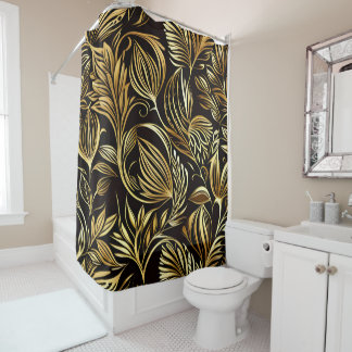 Rideaux De Douche Modèle Floral Or Sur Noir