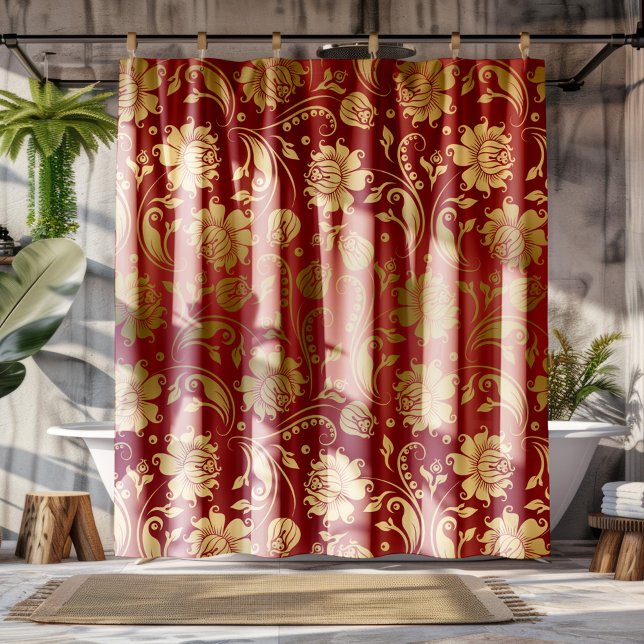 Rideaux De Douche Modèle or et bourgogne rouge floral Damas (Créateur téléchargé)