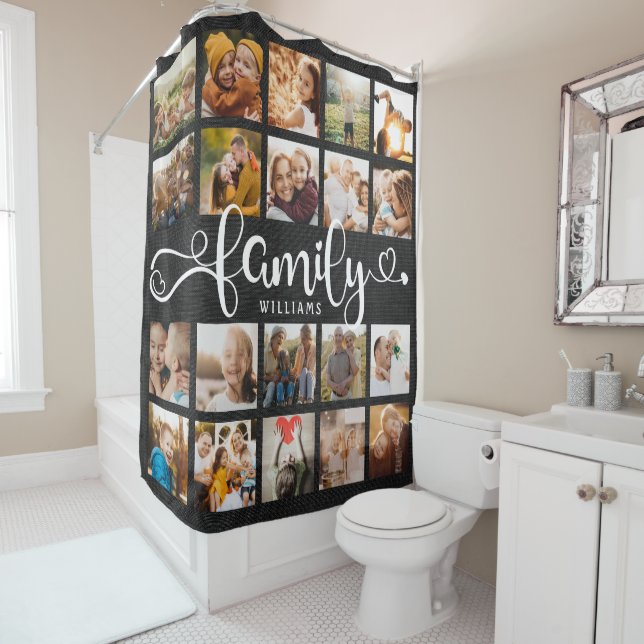 Rideaux De Douche Modern Family Script 20 Photo Collage Chic Black  (En situation)