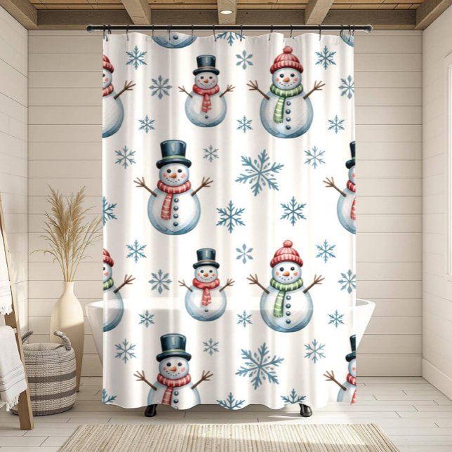 Rideaux De Douche Modern Pastel Watercolor Winter Snowflake Snowman (Créateur téléchargé)