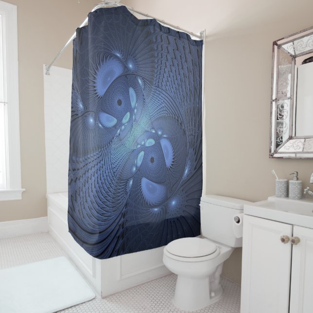 Rideaux De Douche Moderne Abstrait tendance Dusk Blue Fractal Art (En situation)