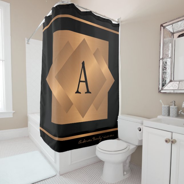 Rideaux De Douche Moderne élégant or et noir monogramme tendance (En situation)