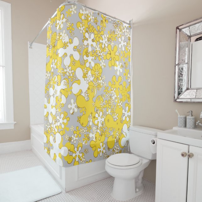Rideaux De Douche Moderne gris clair, blanc, moutarde jaune, fleur (En situation)