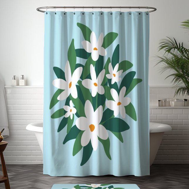 Rideaux De Douche Moderne minimaliste Jasmin blanc floral sur bleu (In situ bathroom)