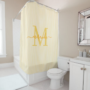 Rideaux De Douche Moderne monogramme de nom à rayures jaunes et blan